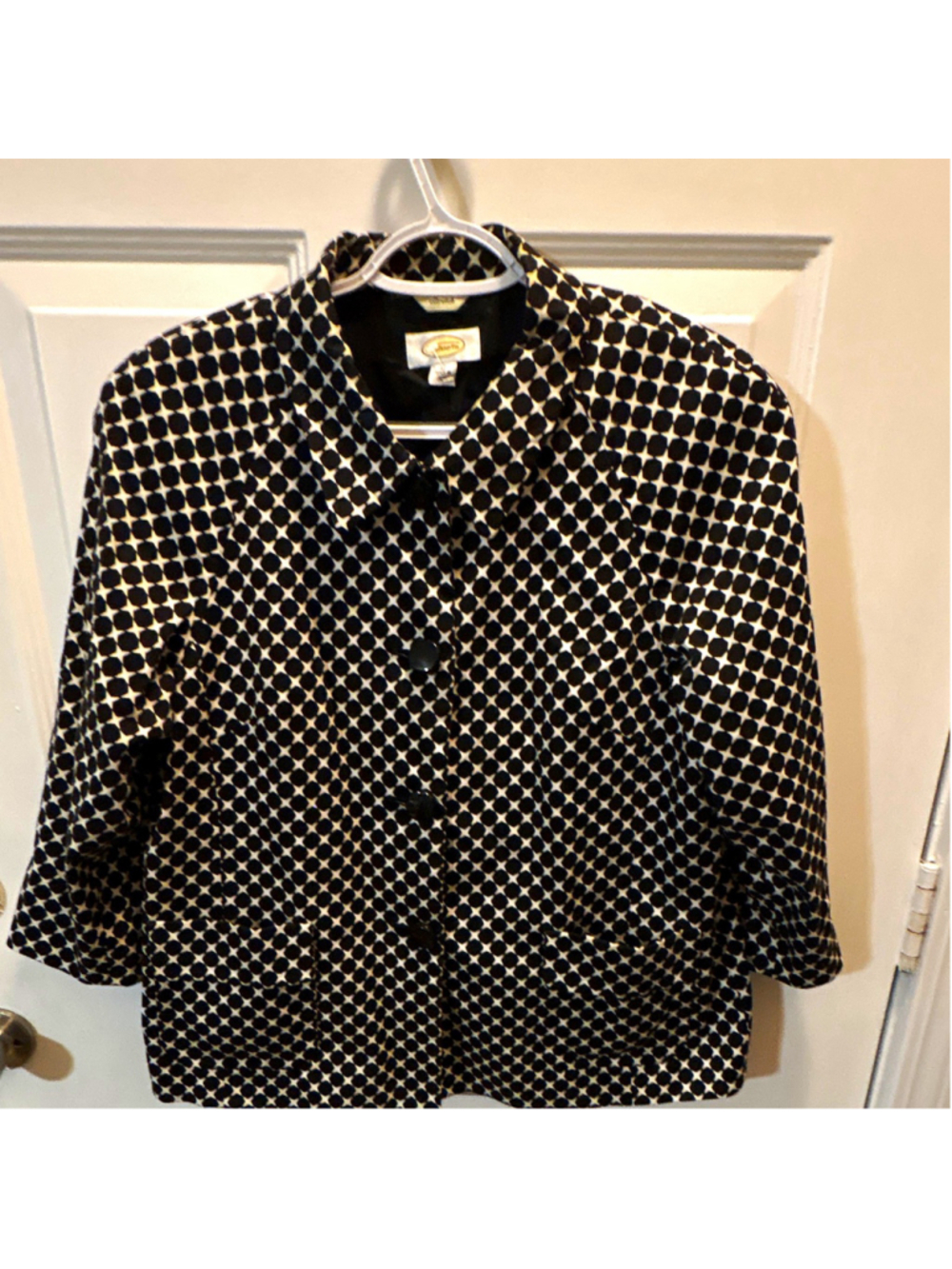 Talbots Black/White Geometric Button Front Jacket Lined Stretch 3/4 12